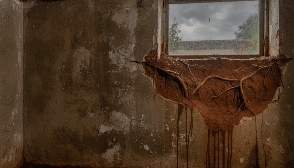 A close-up view of a residential basement in Metro Atlanta, showcasing areas of moisture damage on the foundation walls. In the foreground, detailed textures of damp, discolored concrete, with visible water stains and efflorescence. In the middle ground, a partially exposed foundation, revealing clay soil and roots, illustrating how the local climate contributes to moisture issues. The background features a glimpse of a rainy day outside, with overcast skies casting soft diffused lighting into the basement, enhancing the somber mood of the scene. The camera angle should be slightly tilted upward, focusing on the foundation while capturing the atmosphere of humidity typical of the Atlanta climate, without any human presence or distractions.