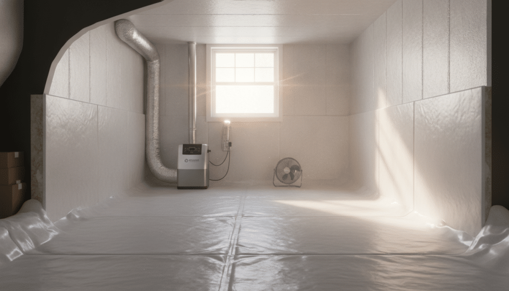 A cross-section view of a well-finished crawl space encapsulated with thick, moisture-resistant plastic lining, showcasing the various benefits of encapsulation. In the foreground, display a clean, dry floor with insulation on the walls, emphasizing a healthy environment. In the middle, include a subtle representation of efficient dehumidifiers and efficient air circulation systems. The background should feature a window that lets in soft, natural light, creating a warm and inviting atmosphere. Soft shadows should accentuate the texture of the encapsulated surfaces, while a slight lens glare adds realism. The overall mood is one of comfort and peace of mind, highlighting the transformative advantages of crawl space encapsulation for homes in the Atlanta area.