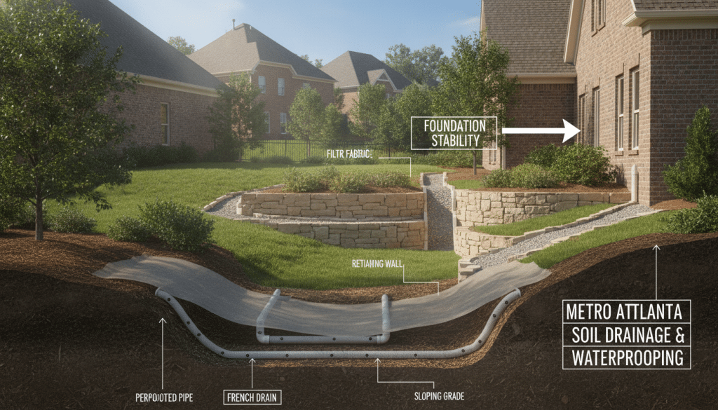 A detailed illustration depicting the soil drainage and waterproofing systems in Metro Atlanta. In the foreground, display a close-up of rich, dark soil layers with integrated drainage pipes and perforated landscape fabric. The middle ground should show a sloping yard with retaining walls, strategically placed French drains, and patches of greenery to visualize proper drainage solutions. The background features a suburban neighborhood with a clear sky and sunlight illuminating the scene, emphasizing the importance of proper drainage for foundation stability. Use a slightly elevated angle to capture this comprehensive view, illustrating both technical aspects and the local landscape. The atmosphere should be informative and professional, reflecting an engaged homeowner’s perspective on foundation maintenance.