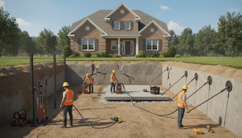 A detailed illustration depicting various foundation repair methods in a residential setting. The foreground showcases several repair techniques: piering with steel piles, slab jacking with concrete, and wall anchors. Skilled contractors in professional attire are actively performing repairs, using modern tools. The middle ground features a partially excavated foundation, revealing cracks in the concrete and settling issues. In the background, a suburban home with a clear blue sky and distant trees creates a calm atmosphere. The scene is well-lit, capturing natural daylight with soft shadows for depth, shot from a slightly elevated angle to provide a comprehensive view of the repair processes while emphasizing clarity and professionalism.