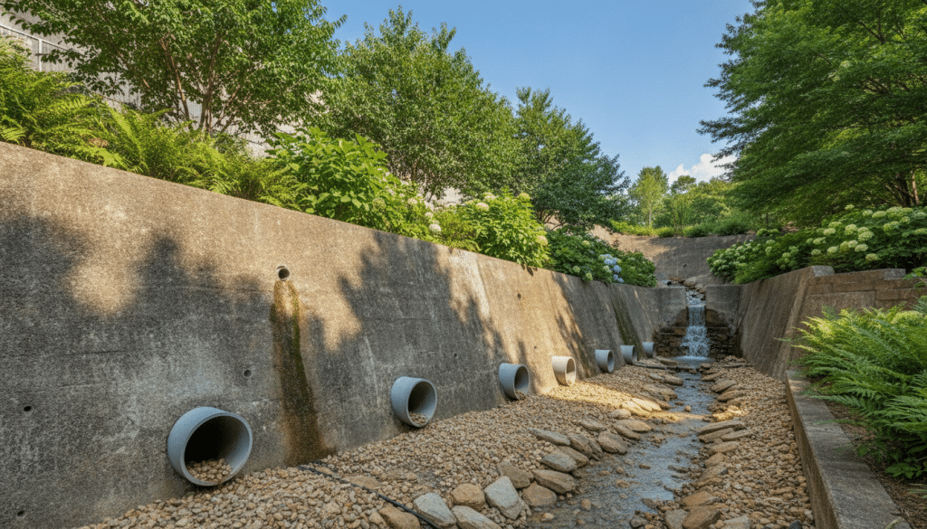 A detailed view of an Atlanta retaining wall during the day, showcasing a well-designed drainage system integrated into the wall's structure. In the foreground, highlight the textured surface of the concrete retaining wall with visible drainage pipes and gravel at its base, emphasizing functionality. In the middle ground, include a lush garden with native Atlanta vegetation thriving alongside the wall, indicating effective waterproofing. In the background, feature a clear blue sky and a sunny atmosphere, casting soft shadows on the scene. Use a wide-angle lens to capture the relationship between the wall and the surrounding landscape, conveying a sense of stability and durability in this engineered solution for water management.