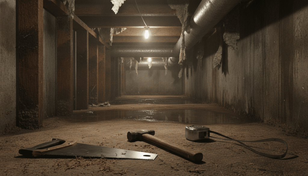 A dimly lit crawl space showing the extensive repairs needed before encapsulation. In the foreground, focus on a collection of tools like a saw, hammer, and measuring tape scattered on the dusty ground, emphasizing the work being done. The middle ground reveals exposed beams, sagging insulation, and signs of moisture damage on wooden supports, indicating the repairs that must be addressed. In the background, concrete walls damp with moisture and a few puddles of water add to the scene's urgency. The lighting is soft yet highlights the details of the repairs, creating a somber yet constructive atmosphere. Capture the essence of a hard-working environment, emphasizing diligence and preparation for future encapsulation. No humans present.