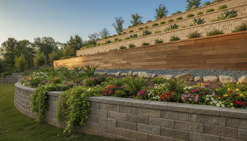 A diverse range of retaining wall project types in an Atlanta neighborhood, showcasing various styles and materials. In the foreground, a stone block retaining wall with lush green plants and flowers, demonstrating a decorative approach. The middle ground features a modern wooden plank retaining wall with a gentle slope, surrounded by gravel and small rocks for stability. In the background, a concrete retaining wall supporting a terraced garden, with a bright blue sky casting soft shadows, emphasizing the textures of the walls. The lighting is warm and inviting, highlighting the details of each wall type. The overall mood is professional yet approachable, suitable for showcasing different retaining wall options in a construction context.