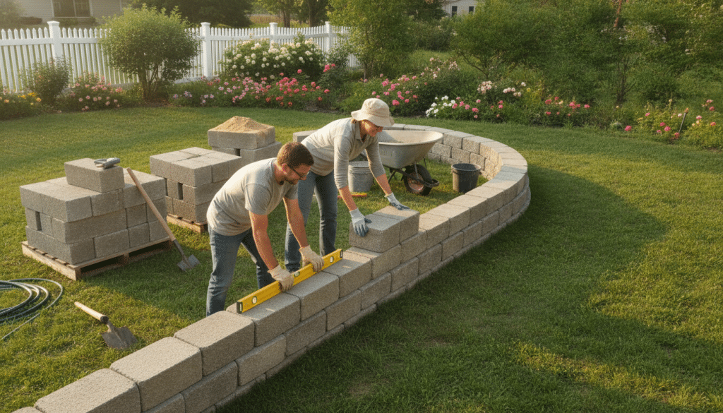 A hands-on DIY retaining wall installation scene set in a bright, sunny suburban backyard. In the foreground, two individuals in modest casual clothing, one holding a level and the other placing stones, are focused on laying the first few blocks of a sturdy stone retaining wall. In the middle ground, various neatly stacked stone materials and tools, such as a shovel and a small wheelbarrow, showcase the project in progress. The background features a well-maintained lawn and some flowering plants, adding vibrancy to the scene. The sunlight casts soft shadows, creating a warm, inviting atmosphere that emphasizes the satisfaction of a DIY project. Capture the image from a slightly elevated angle, showcasing both the workers and their impressive work in a natural setting.