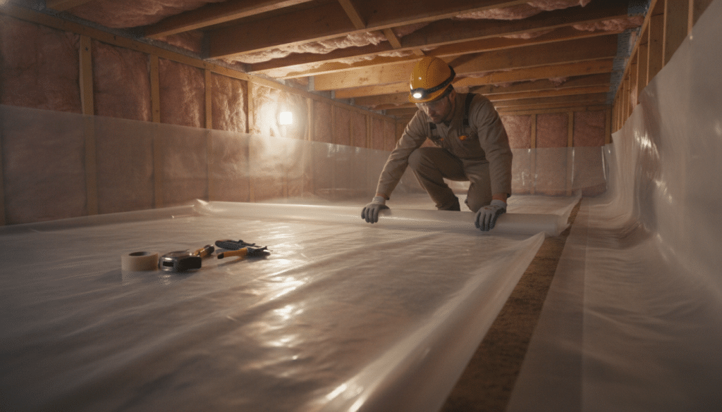 A professional installation scene of a vapor barrier in a crawl space. In the foreground, a technician wearing a hard hat and safety goggles carefully rolls out a large, clear plastic sheet, ensuring it lays flat against the dirt floor. In the middle ground, tools like a utility knife and tape measure are neatly arranged. The background shows exposed beams and insulation with dim, warm lighting filtering through the space. The mood is focused and professional, capturing the diligence of home encapsulation work. The angle is slightly low, showcasing the depth of the crawl space and the technician's attention to detail while emphasizing the importance of proper installation for moisture control.