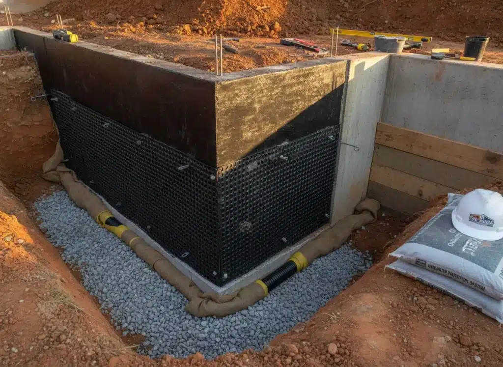 A detailed and realistic scene depicting a foundation repair cost estimate process. In the foreground, a professional contractor wearing a hard hat and a clipboard is discussing foundation repair costs with a concerned homeowner, both looking engaged and focused. The contractor gestures towards a digital tablet displaying an itemized estimate. In the middle ground, a partially excavated foundation is visible, showcasing the structural work in progress. The background includes a suburban house displaying visible signs of foundation issues, like cracks and uneven ground. Soft afternoon sunlight filters through the trees, casting gentle shadows, creating a warm and approachable atmosphere. The image should evoke a sense of professionalism and trust, emphasizing clarity and transparency in foundation repair costs. foundation repair